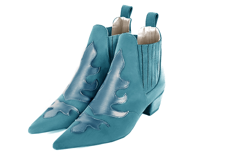 Peacock blue women's ankle boots, with elastics. Pointed toe. Low cone heels. Front view - Florence KOOIJMAN